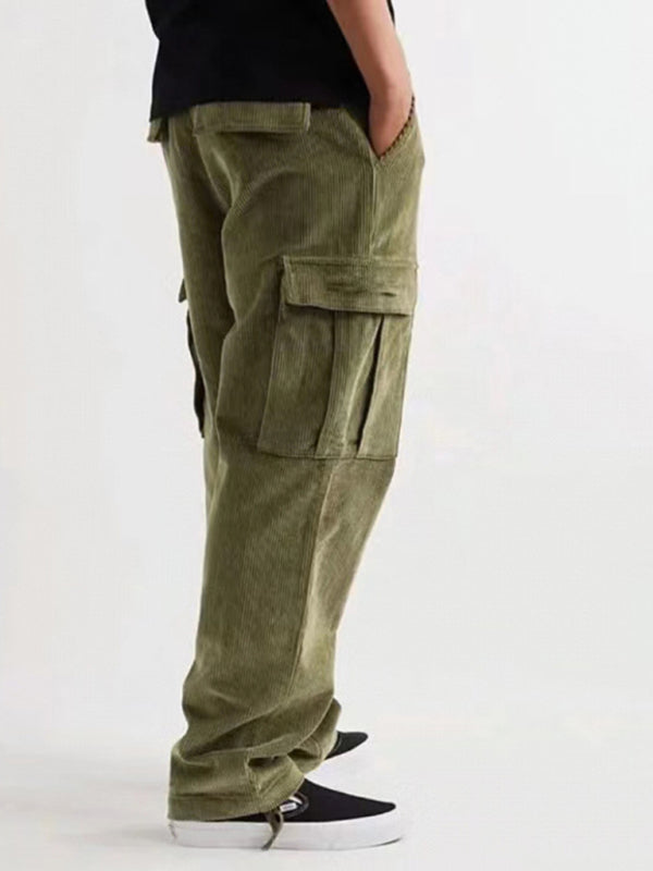 $27.01 Corduroy multi-pocket straight trousers men's sweeping pants men's casual loose trousers