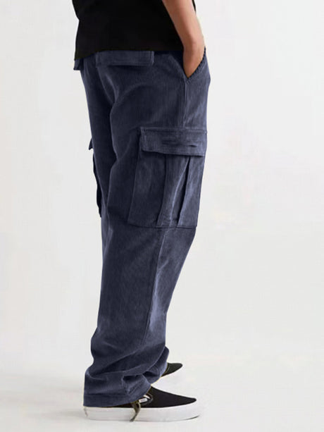 $27.01 Corduroy multi-pocket straight trousers men's sweeping pants men's casual loose trousers