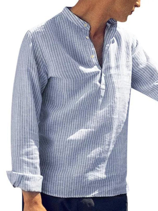 Men's Crew Neck Button Up Stripe Long Sleeve Shirt