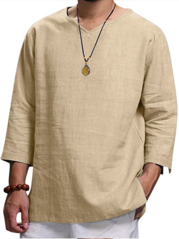 Men's Solid Color V Neck Slub Linen Three Quarter Sleeve Shirt