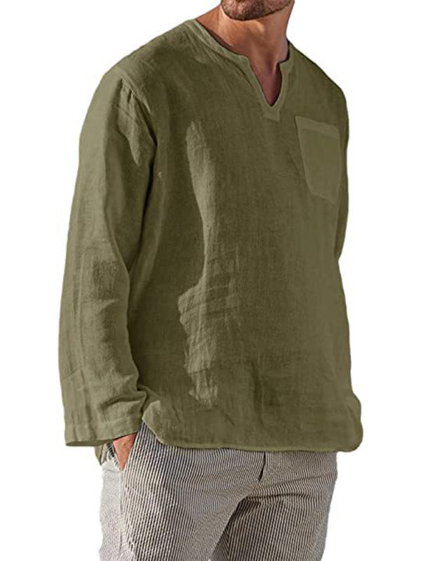 Men's Solid Color Linen Pullover Tunic Shirts