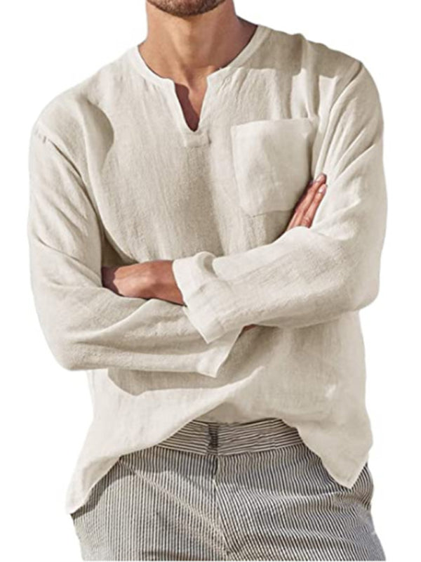 Men's Solid Color Linen Pullover Tunic Shirts