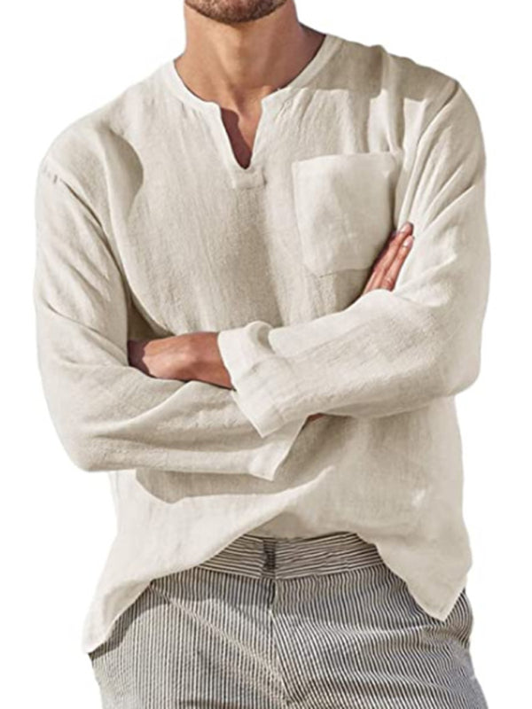 Men's Solid Color Linen Pullover Tunic Shirts