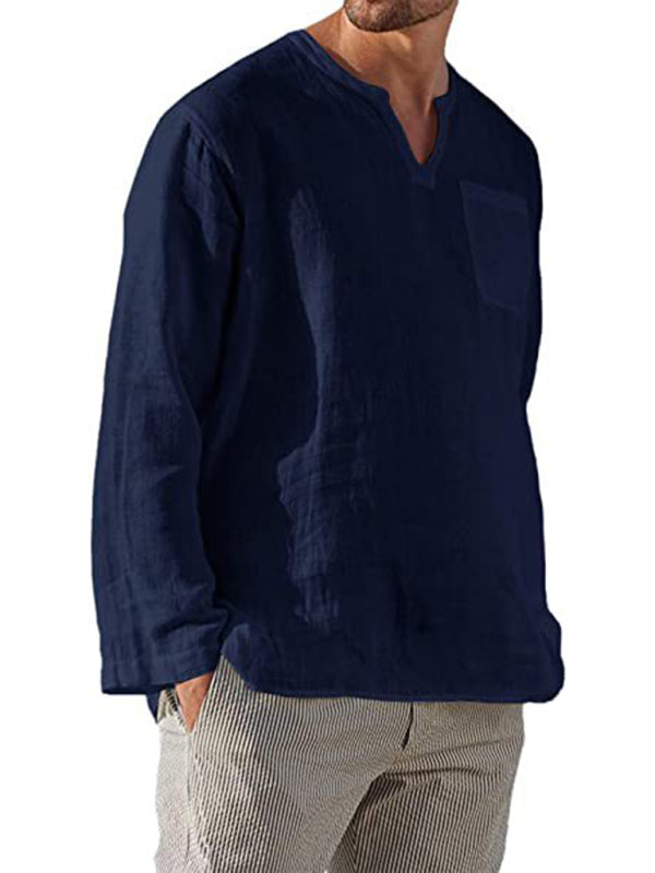 Men's Solid Color Linen Pullover Tunic Shirts