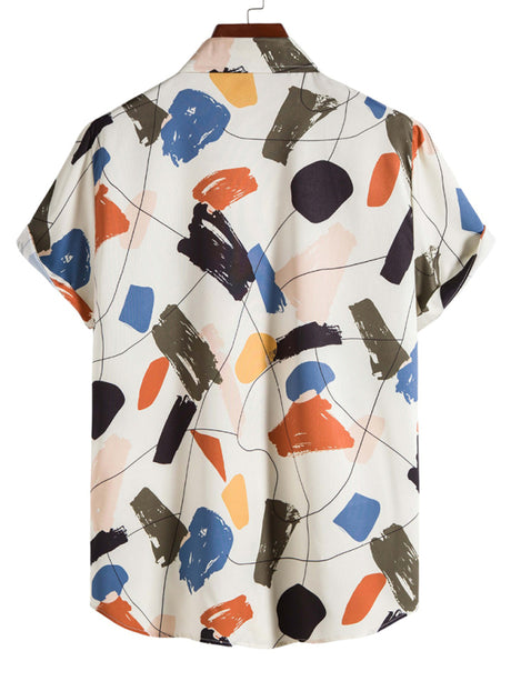 White Graffiti Print Lapel Cotton Slim Fit Men's Shirt