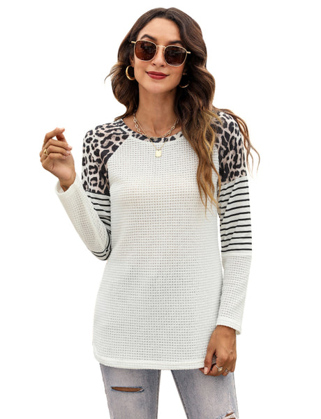 Women’s Long Sleeve Waffle Sweater With Leopard And Stripe Color Blocking