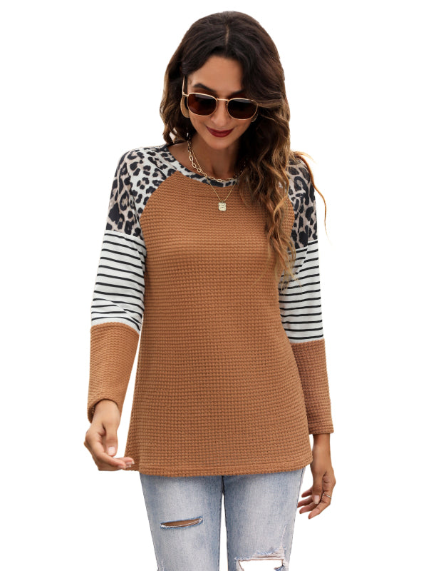 Women’s Long Sleeve Waffle Sweater With Leopard And Stripe Color Blocking