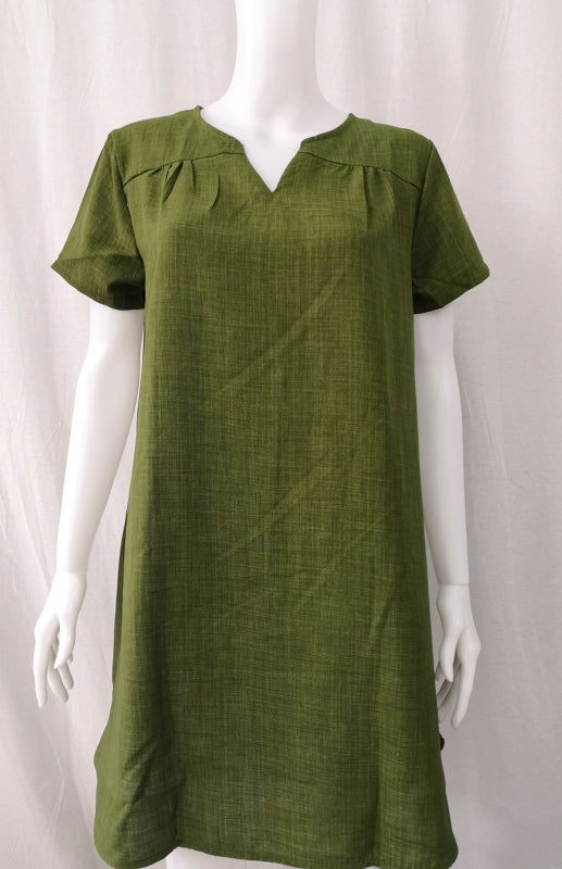 Women's Solid Color Split Neckline Linen Blend Dress