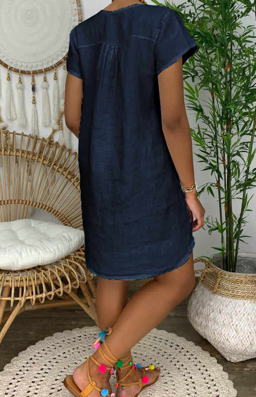 Women's Solid Color Split Neckline Linen Blend Dress