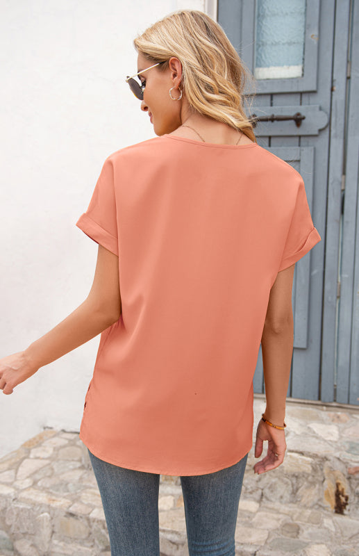 Women's Short Sleeve Casual V-Neck Top Pleated Shirt