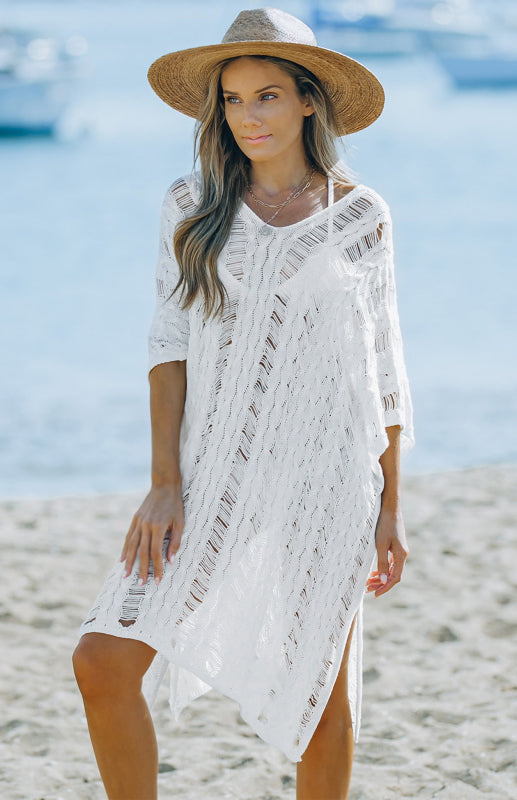White Knit Hollow-out Beach Cover up Dolman Sleeves Side Slits Dress