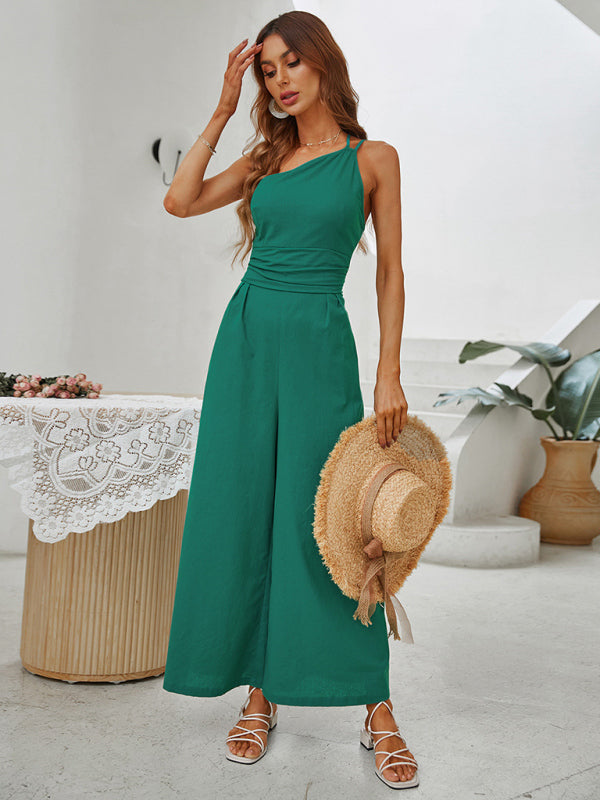 Women's sleeveless oblique shoulder -back sexy straight waist jumpsuit