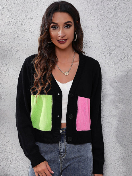 Women's contrast stitched long sleeve knitted cardigan sweater