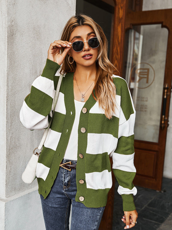 Women's Single Breasted Drop Sleeve Striped Sweater