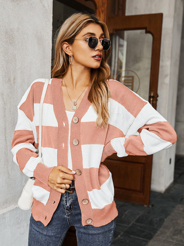 Women's Single Breasted Drop Sleeve Striped Sweater