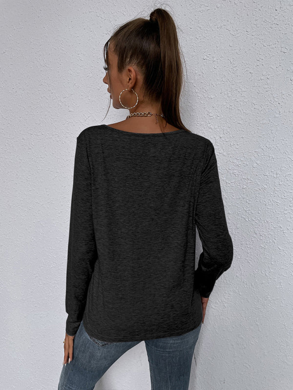 Woman'S Autumn Loose Long Sleeve Top V-Neck Pullover Solid Color Casual T-Shirt
