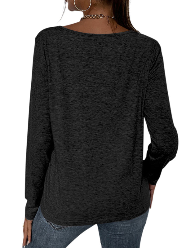 Woman'S Autumn Loose Long Sleeve Top V-Neck Pullover Solid Color Casual T-Shirt