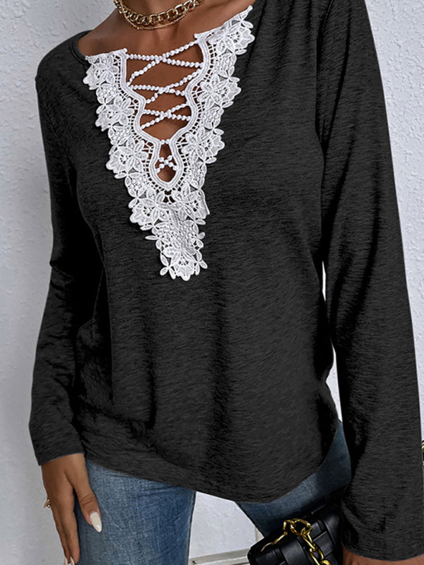 Woman'S Autumn Loose Long Sleeve Top V-Neck Pullover Solid Color Casual T-Shirt