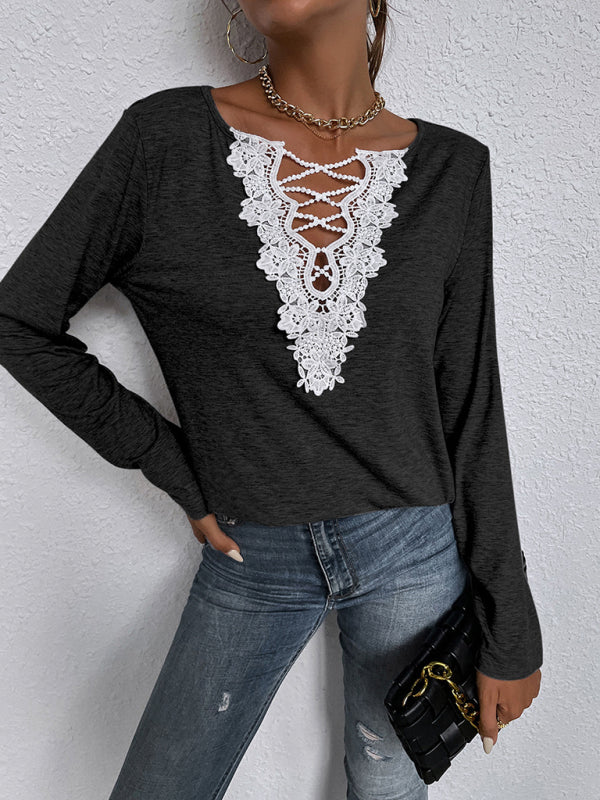 Woman'S Autumn Loose Long Sleeve Top V-Neck Pullover Solid Color Casual T-Shirt