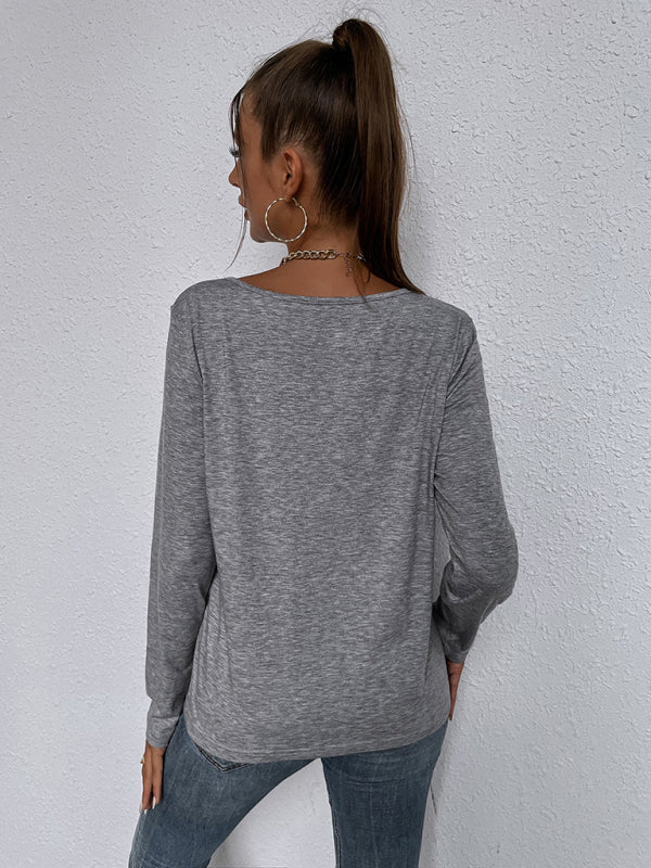 Woman'S Autumn Loose Long Sleeve Top V-Neck Pullover Solid Color Casual T-Shirt