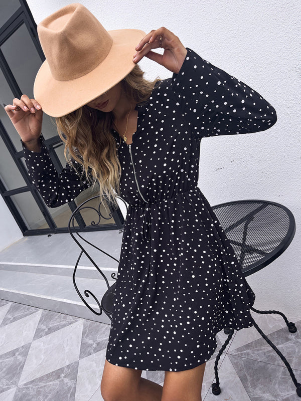 Woman'S Autumn Black Polka Dot Dress Lapel Casual Loose Long Sleeve Skirt