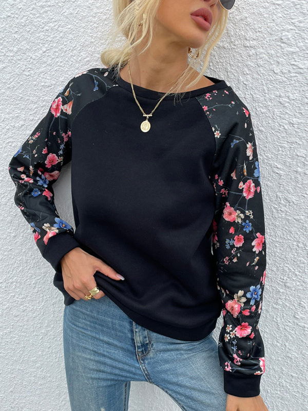 Women's Round Neck Pullover Floral Long Sleeve Panel Casual Sweatshirt