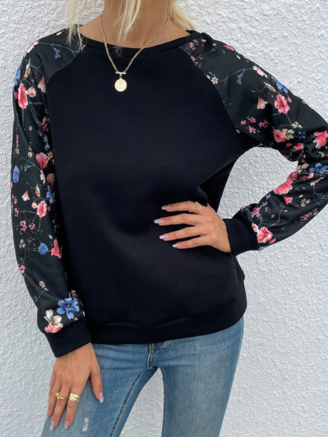 Women's Round Neck Pullover Floral Long Sleeve Panel Casual Sweatshirt