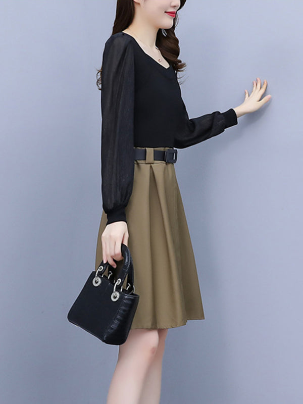 Women's new temperament waist-slimming splicing fake two pieces dress