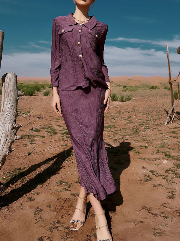 Women's Two Piece Loose Ribbed Button Down Blouse And Maxi Skirt