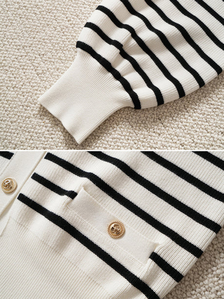 Women's Striped Gold Button Cardigan V-Neck Knit Jacket