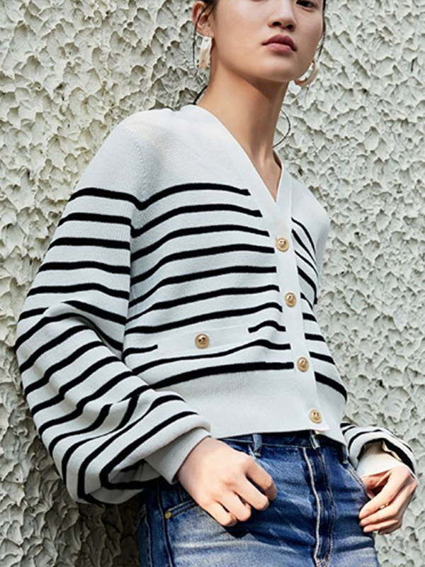 Women's Striped Gold Button Cardigan V-Neck Knit Jacket