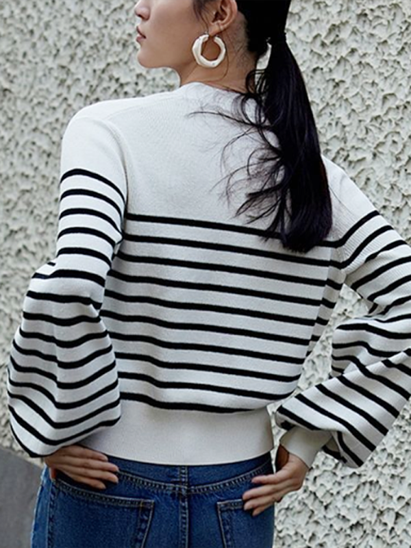 Women's Striped Gold Button Cardigan V-Neck Knit Jacket