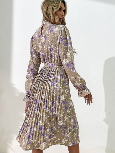 Fashion women's printed long -sleeved half -high -neck dress