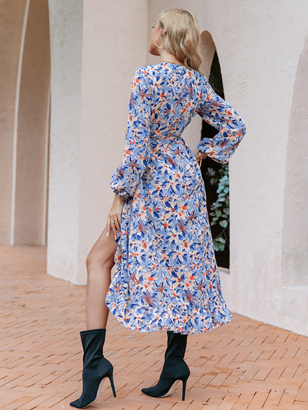 Puff Sleeves Elegant Casual Print High Waist Vacation Fashion Belt Dress