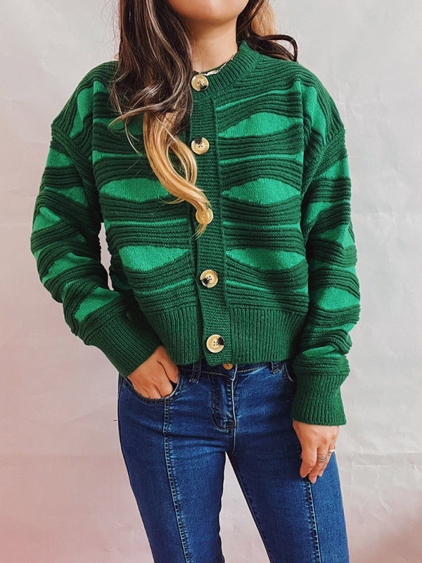 Women's Funky Striped Textured Button Up Cardigan With Ribbed Hem