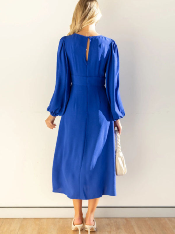 Women’s Dramatic V Neck Maxi Dress With Long Straight Skirt And Loose Puff Sleeves