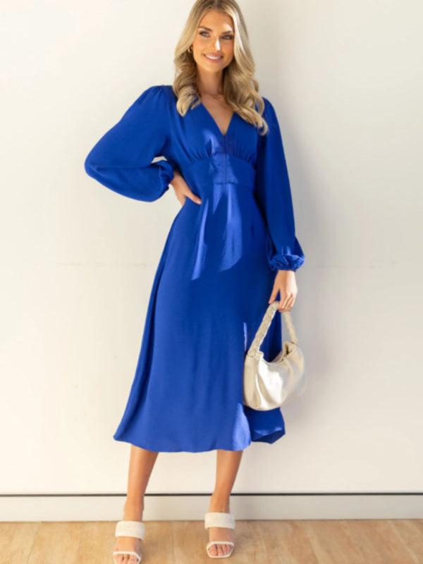 Women’s Dramatic V Neck Maxi Dress With Long Straight Skirt And Loose Puff Sleeves