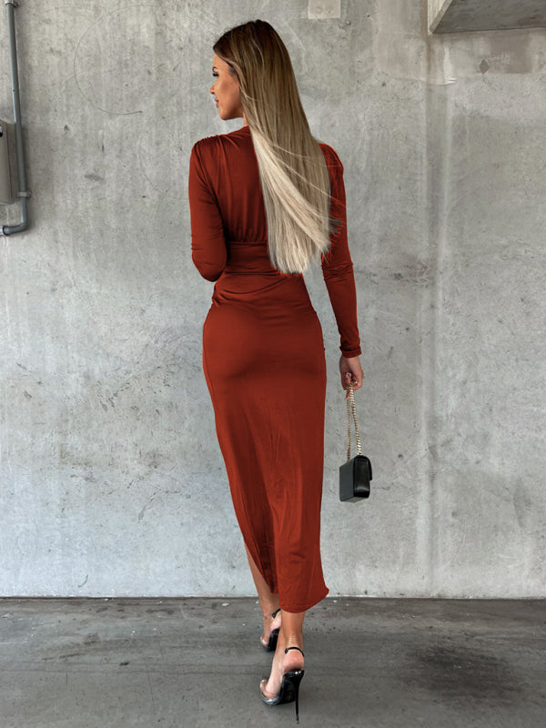 Women’s Surplice Neckline Sexy Dress With Long Sleeve And Slit At Front