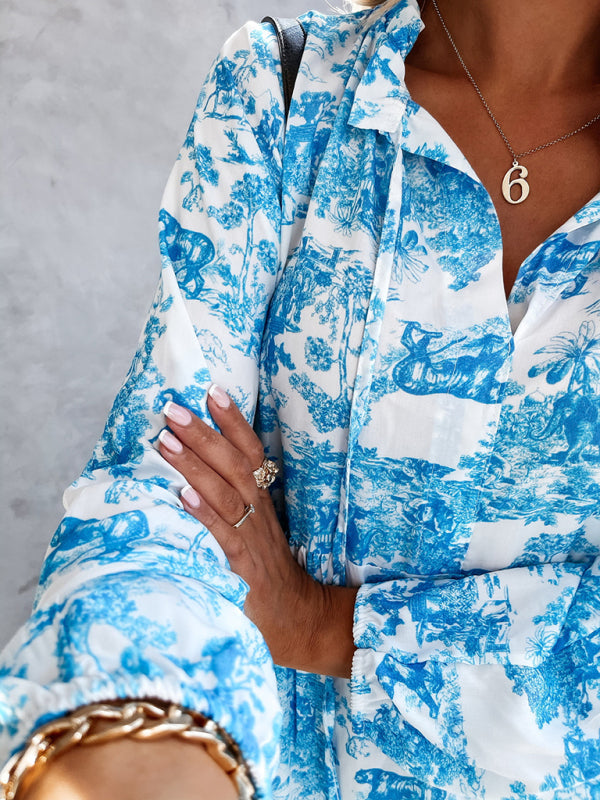 Women’s Printed Long Sleeve Ruffled Maxi Dress