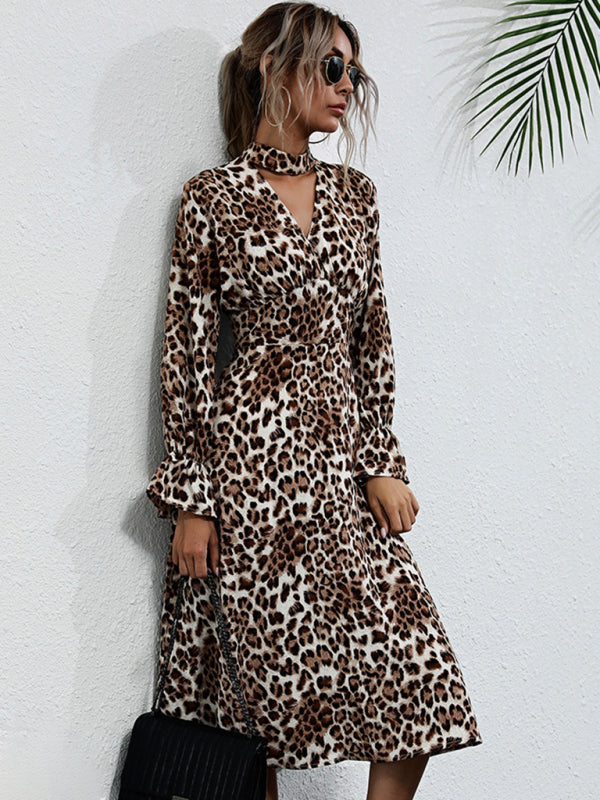 Women’s Mock Neck Leopard Print Long Sleeve Bell Dress