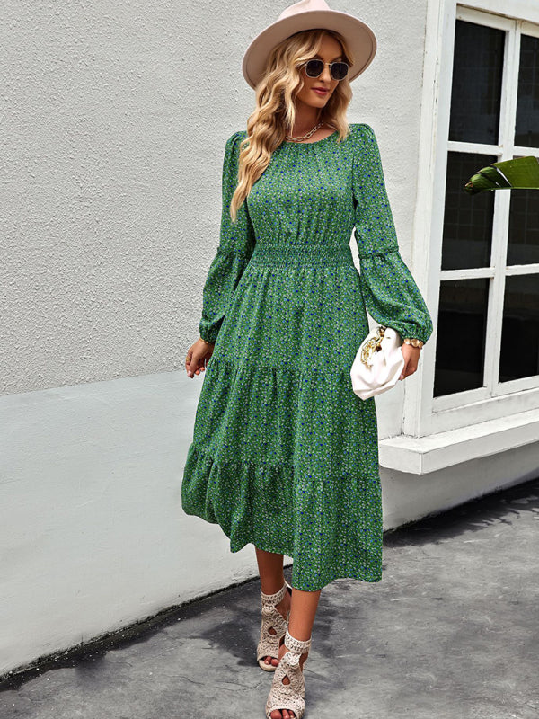 Women’s Printed Puff Overlay Long-sleeve Crew Neck Smocking Waistline Tiered Skirt Midi Dress