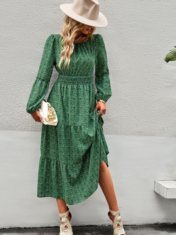 Women’s Printed Puff Overlay Long-sleeve Crew Neck Smocking Waistline Tiered Skirt Midi Dress
