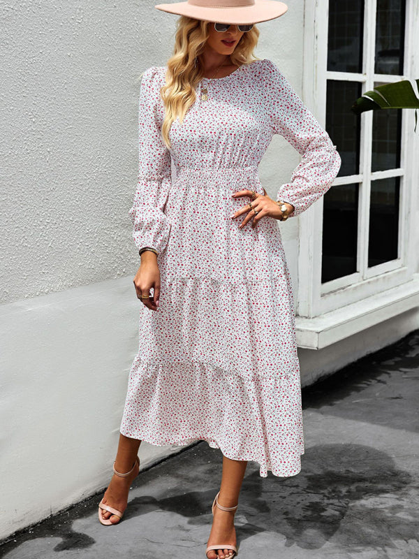 Women’s Printed Puff Overlay Long-sleeve Crew Neck Smocking Waistline Tiered Skirt Midi Dress