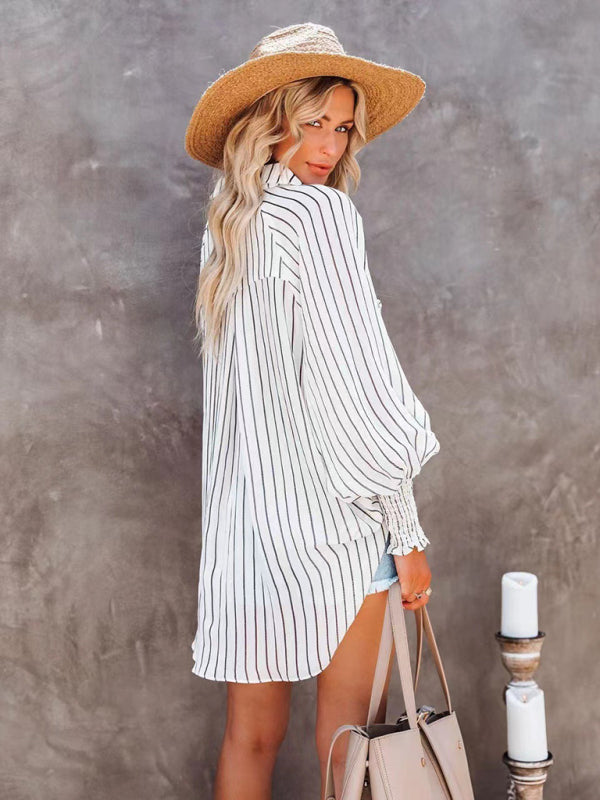 Collar shirt thin medium long stripe casual long sleeve shirt