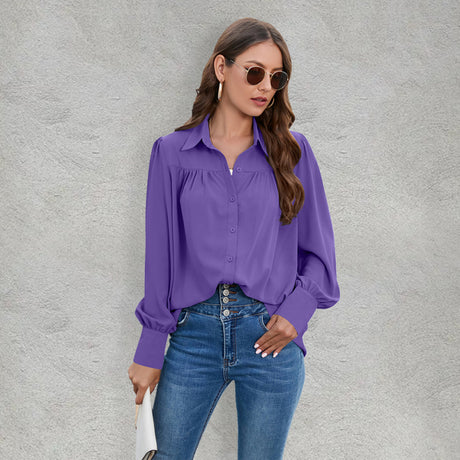 Women’s Solid Color Loose Fit Collared Button Down Blouse With Pleated Hem And Puffed Sleeves