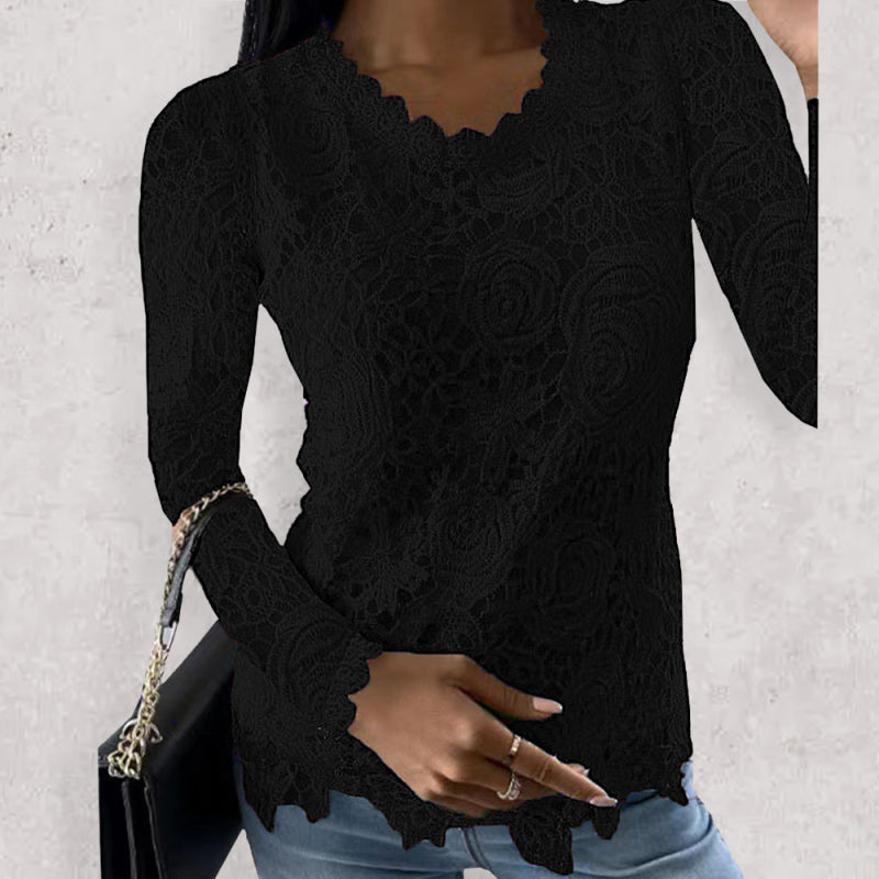 Women’s Solid Color Scoop Neckline Overlay Lace Long Sleeve Blouse