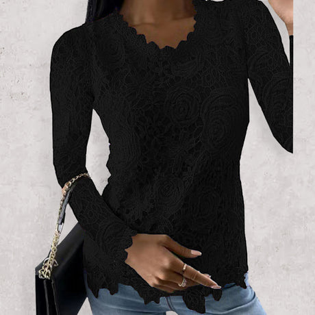 Women’s Solid Color Scoop Neckline Overlay Lace Long Sleeve Blouse