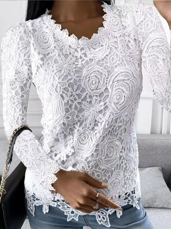 Women’s Solid Color Scoop Neckline Overlay Lace Long Sleeve Blouse