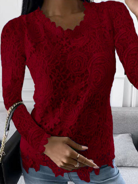Women’s Solid Color Scoop Neckline Overlay Lace Long Sleeve Blouse