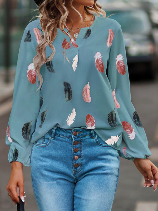 Women’s Feather Print Long Sleeve Split V Neck Blouse